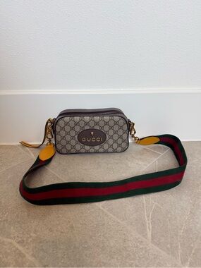 Gucci Beige/Brown GG Supreme Crossbody with Green-Red Web Strap